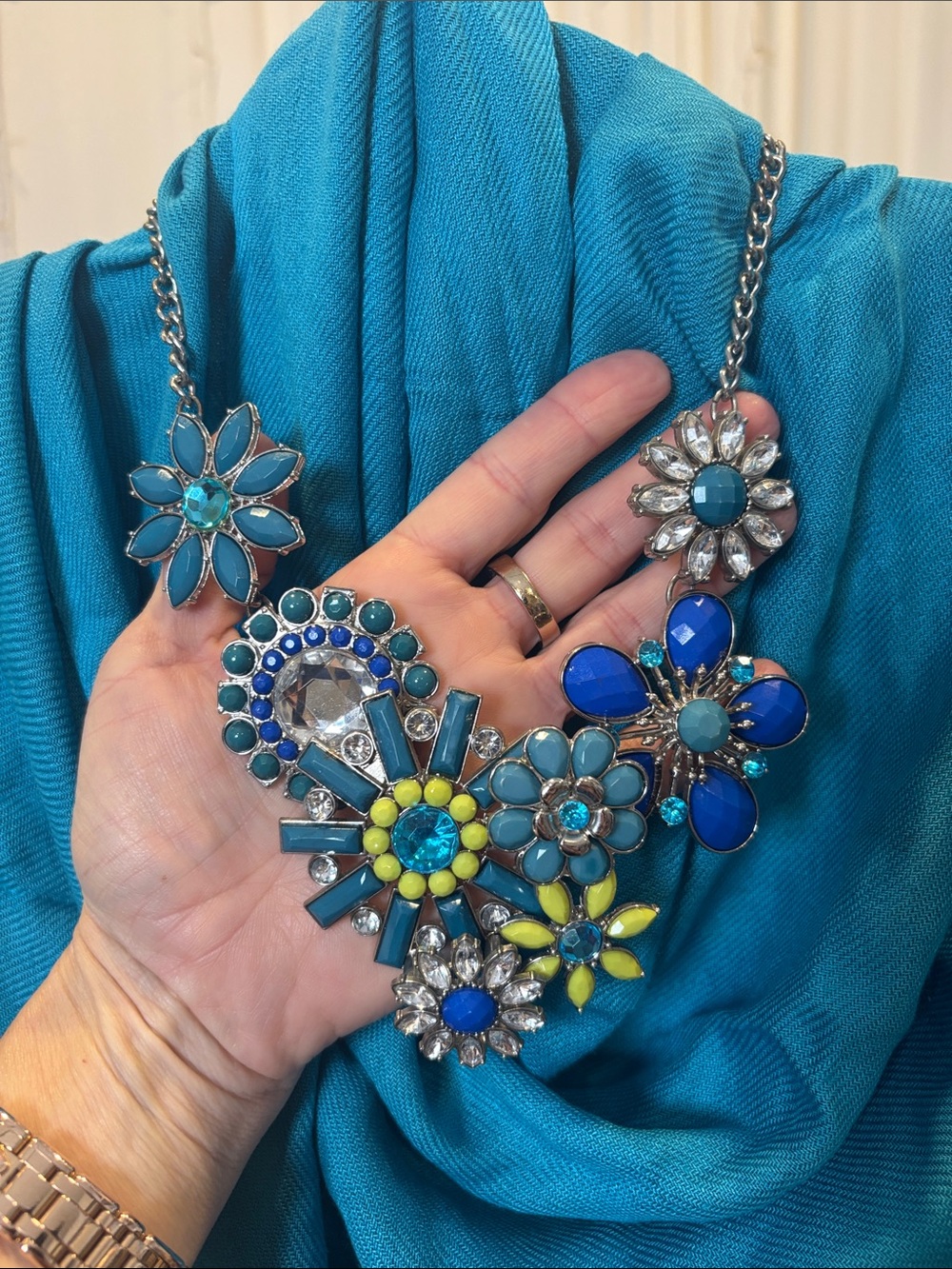 Turquoise Fringe Shawl with Statement Necklace